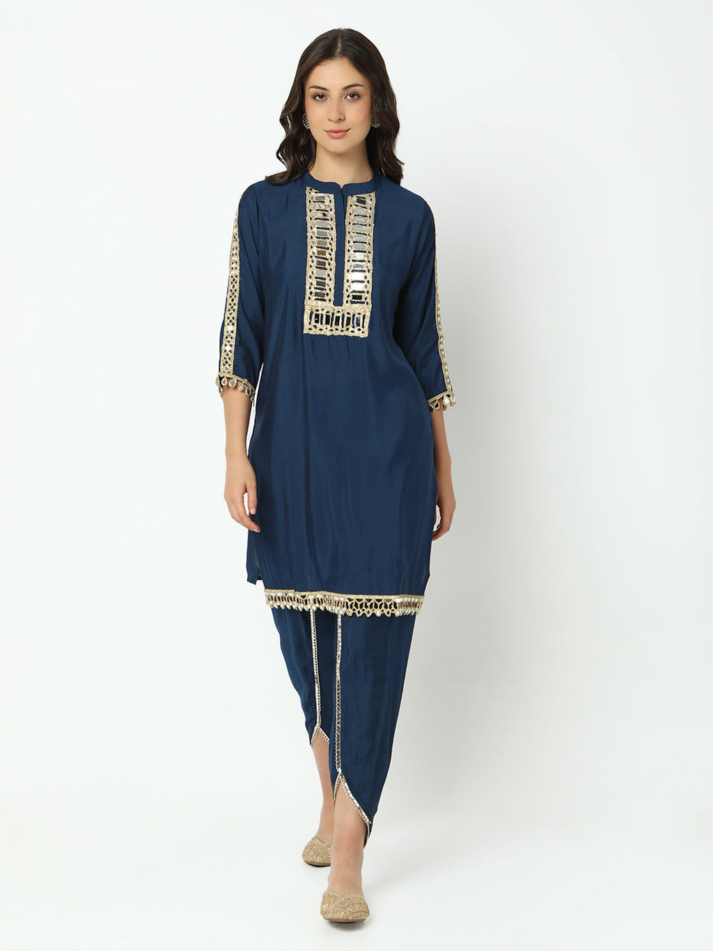 Women’s Navy Blue Mirror Work Straight Kurta Set with Dhoti Pants