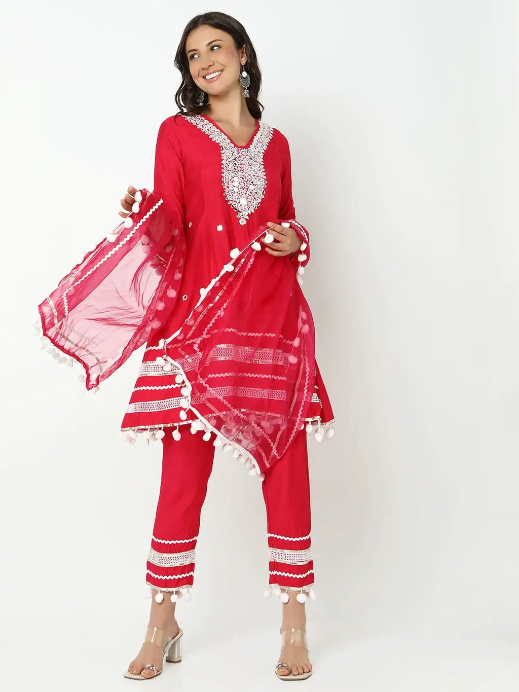 Women’s Embellished Pink Mirror Work Kurta Set with Dupatta