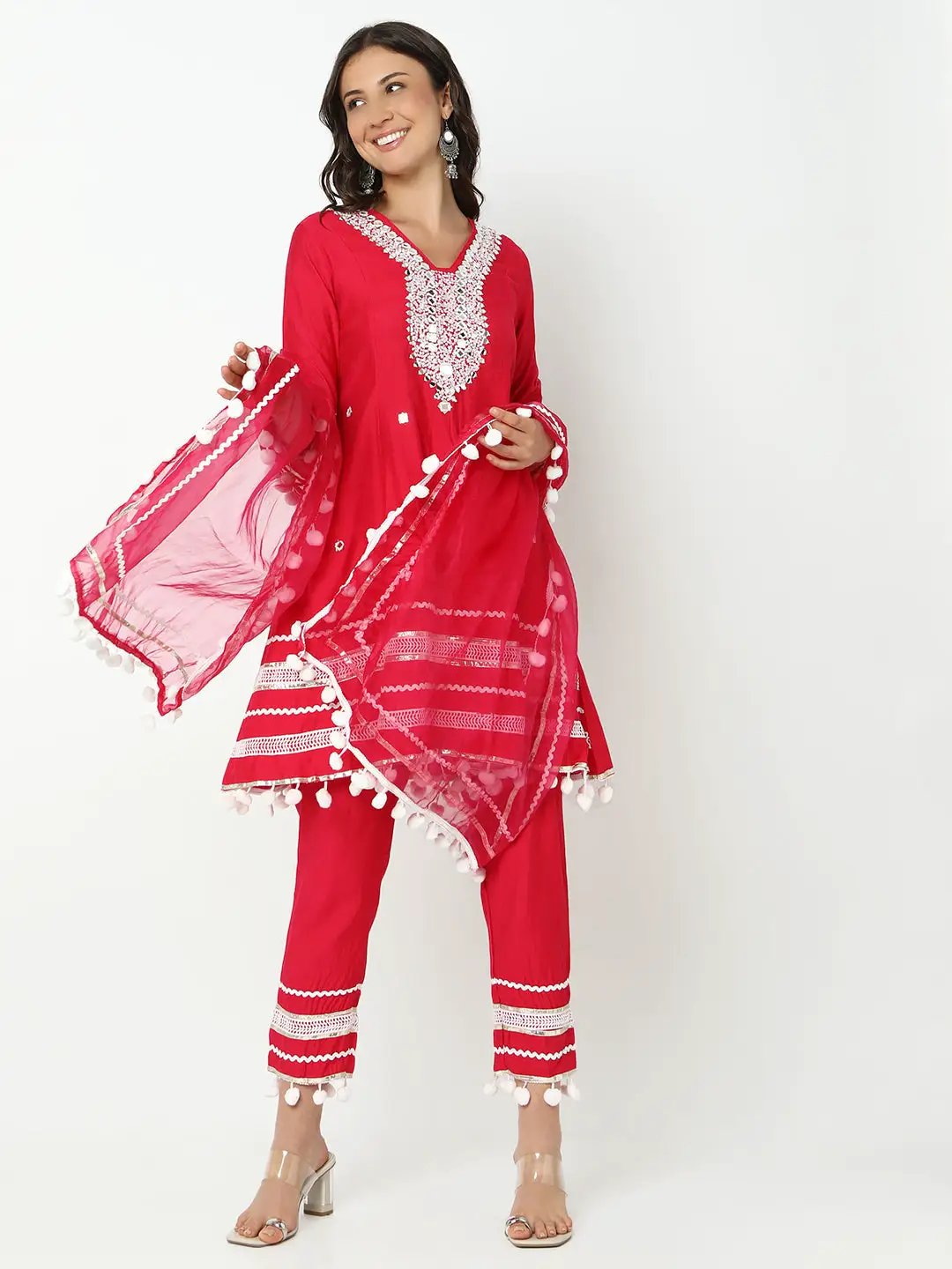Women’s Embellished Pink Mirror Work Kurta Set with Dupatta