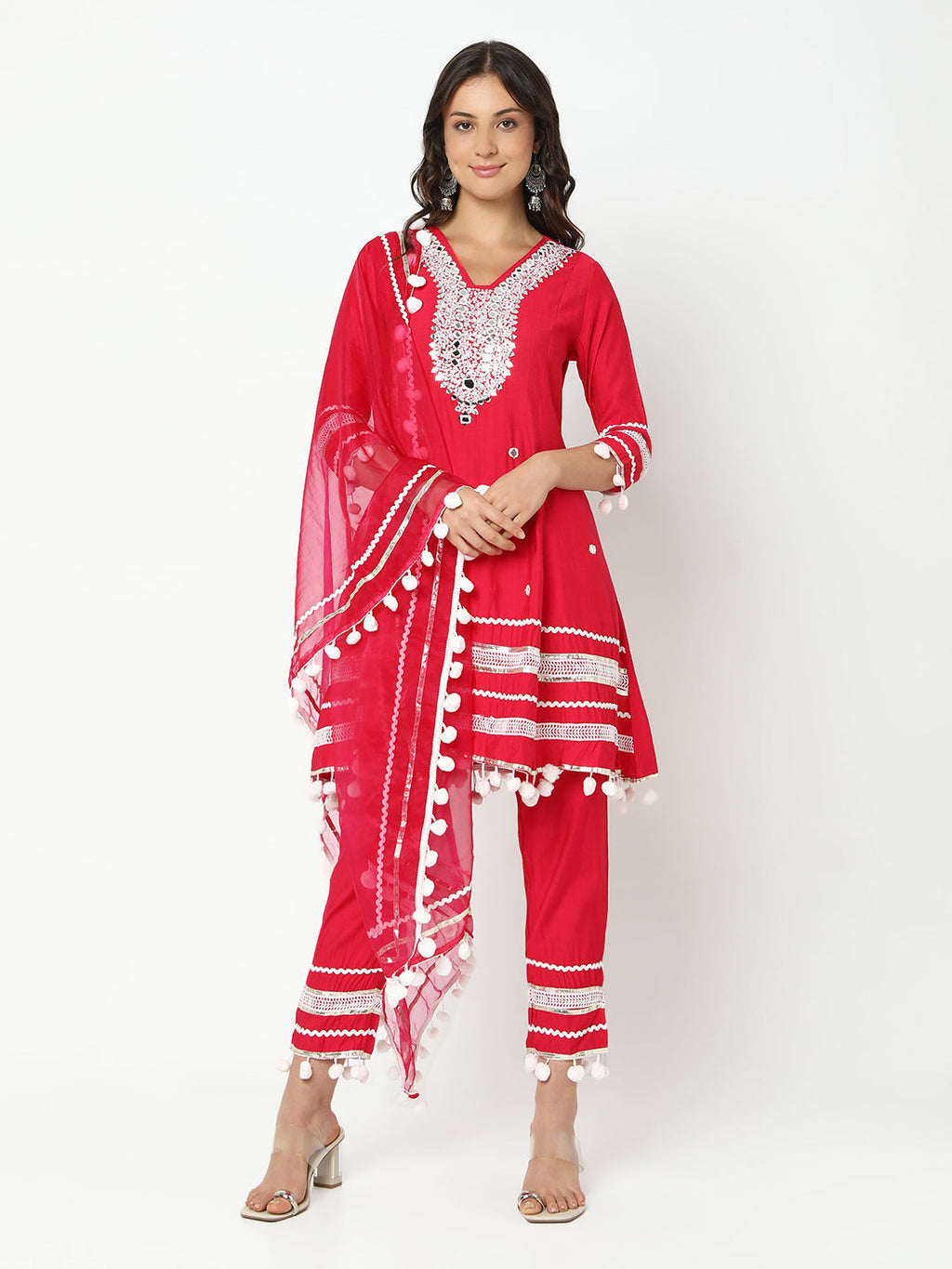 Women’s Embellished Pink Mirror Work Kurta Set with Dupatta