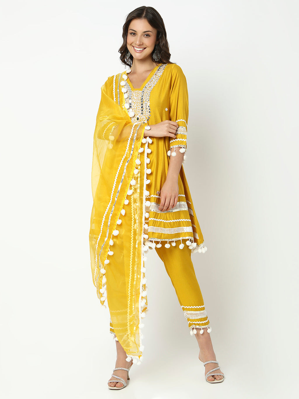 Women's Embellished Yellow Mirror Work Kurta Set with Dupatta