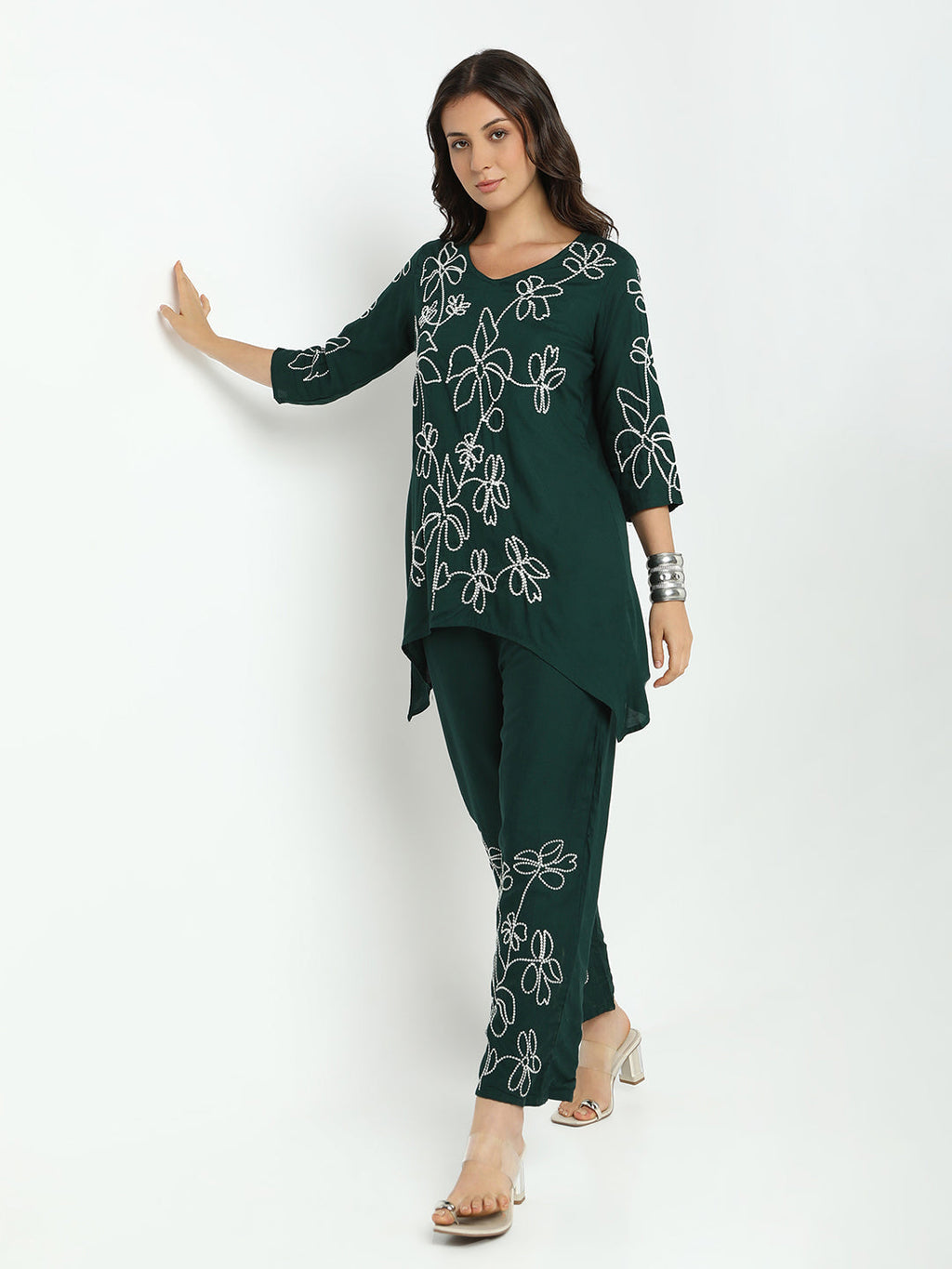 Women's Embroidered Green Asymmetric Kurta Set with Trouser