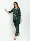 Women's Embroidered Green Asymmetric Kurta Set with Trouser