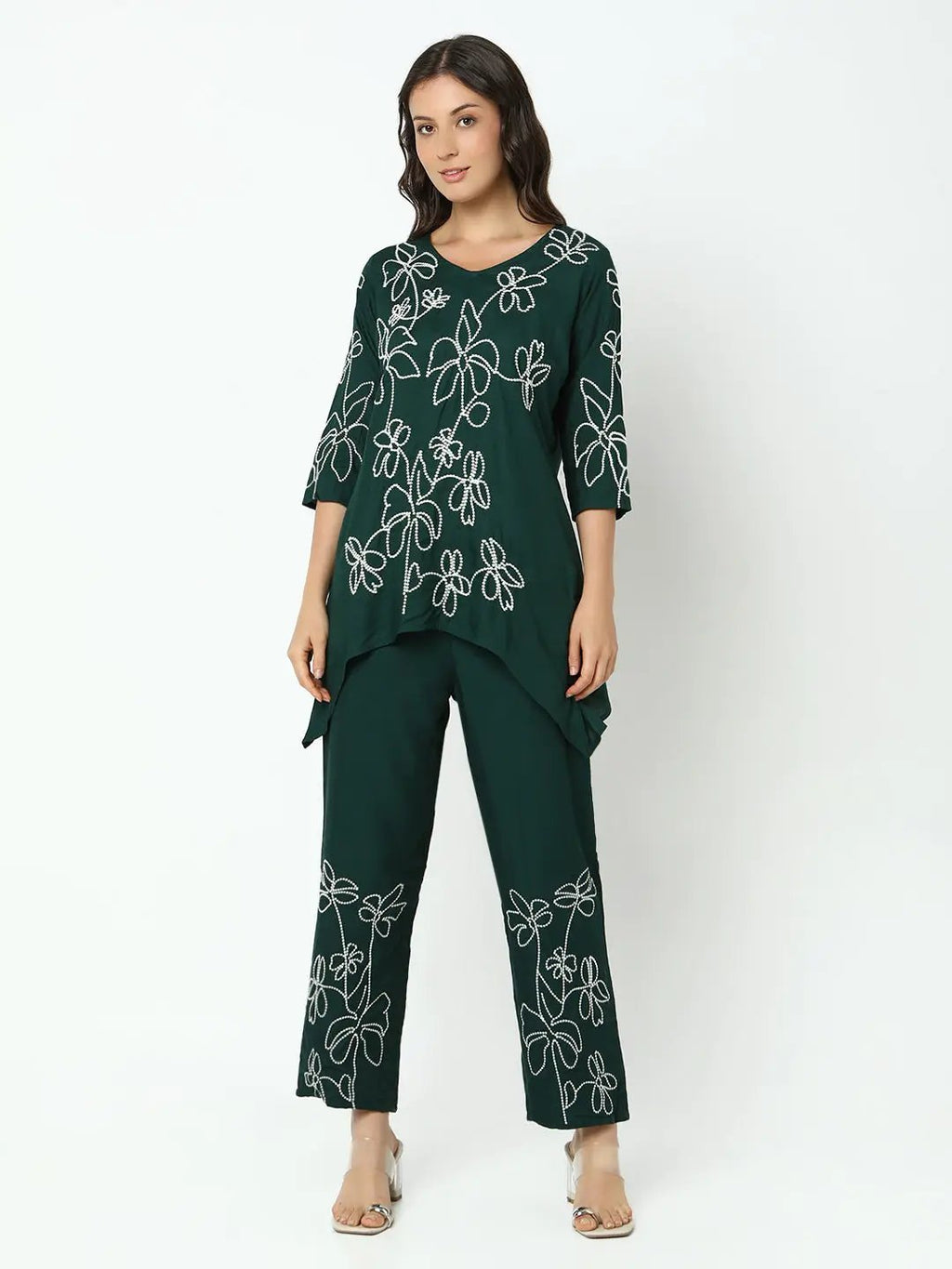Women's Embroidered Green Asymmetric Kurta Set with Trouser