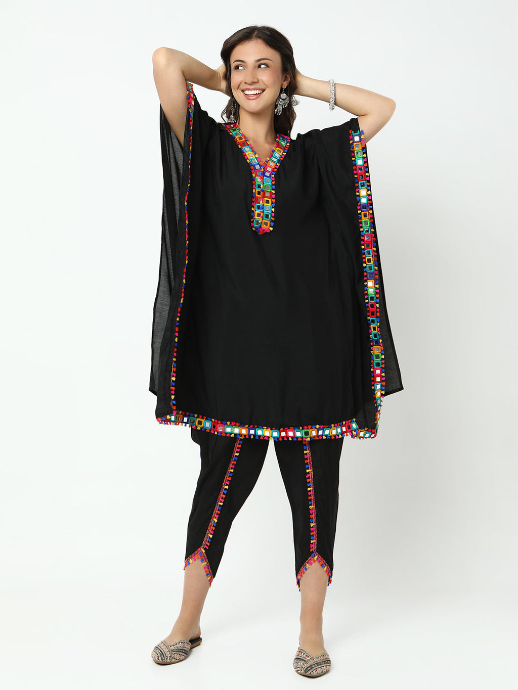 Women's Embroidered Black Mirror Work Kaftan Kurta Set with Dhoti Pants