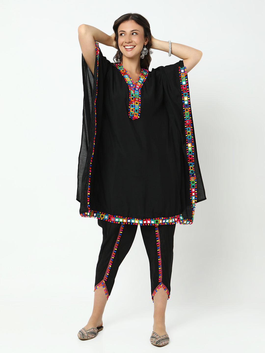 Women's Embroidered Black Mirror Work Kaftan Kurta Set with Dhoti Pants