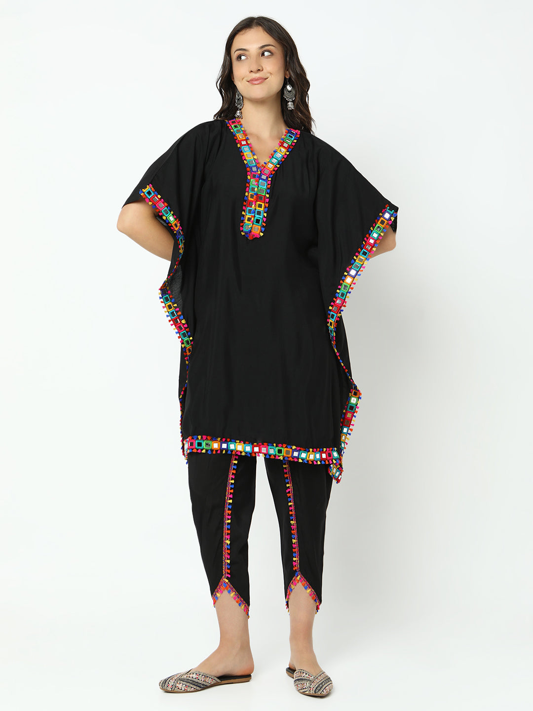 Women's Embroidered Black Mirror Work Kaftan Kurta Set with Dhoti Pants