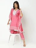 Women's Embellished Pink Mirror Work Kaftan Kurta Set with Tapered Trousers