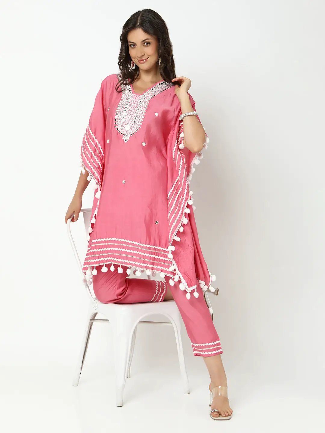 Women's Embellished Pink Mirror Work Kaftan Kurta Set with Tapered Trousers