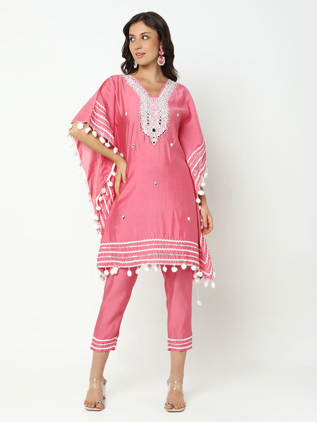 Women's Embellished Pink Mirror Work Kaftan Kurta Set with Tapered Trousers
