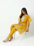Women’s Embellished Yellow Mirror Work Kaftan Kurta Set with Tapered Trousers