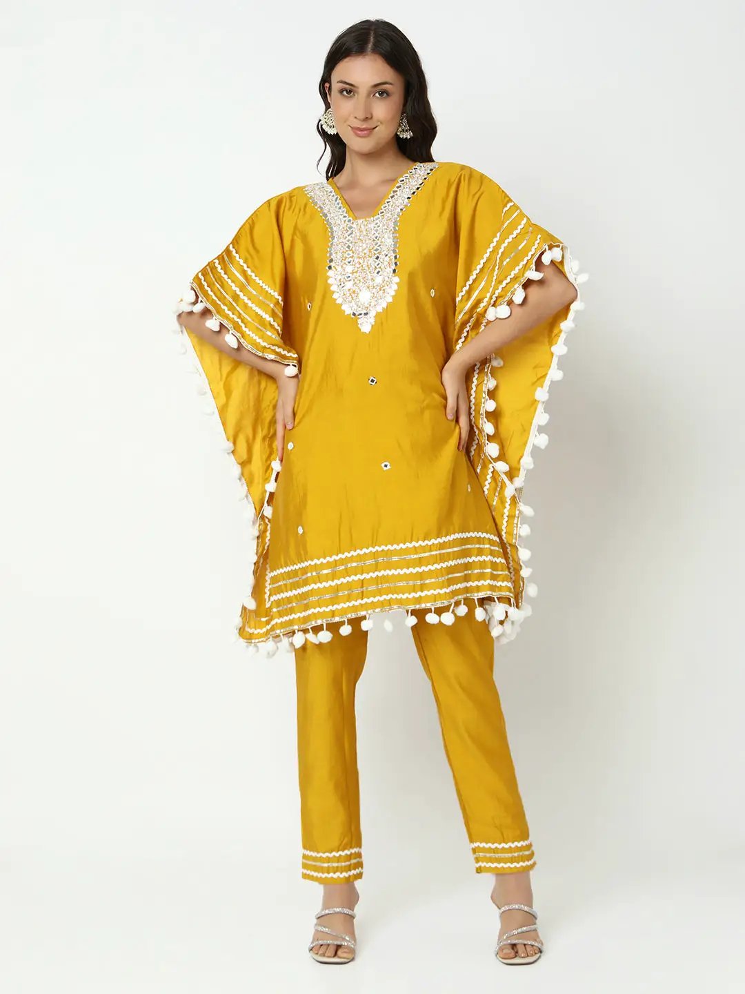 Women’s Embellished Yellow Mirror Work Kaftan Kurta Set with Tapered Trousers