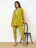 Women's Embroidered Green Flared A-Line Kurta Set with Trouser