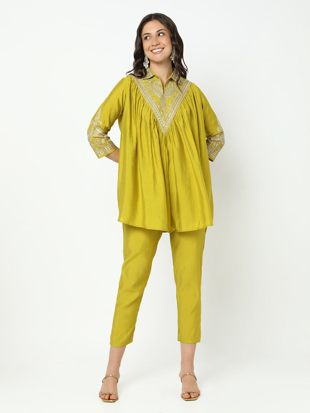 Women's Embroidered Green Flared A-Line Kurta Set with Trouser
