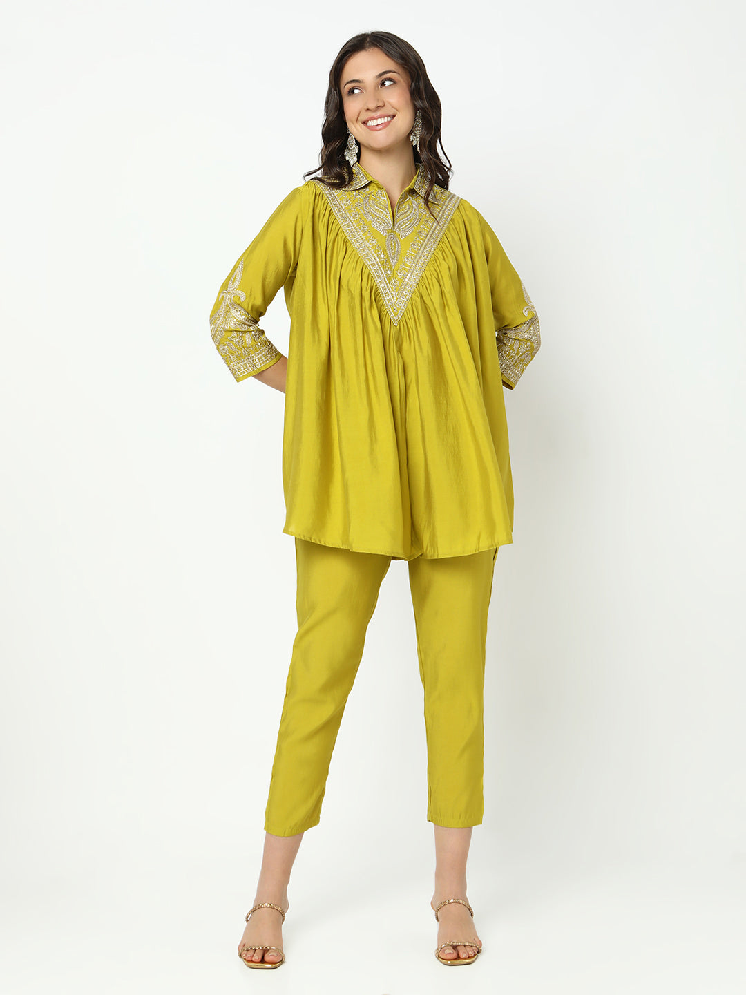 Women's Embroidered Green Flared A-Line Kurta Set with Trouser