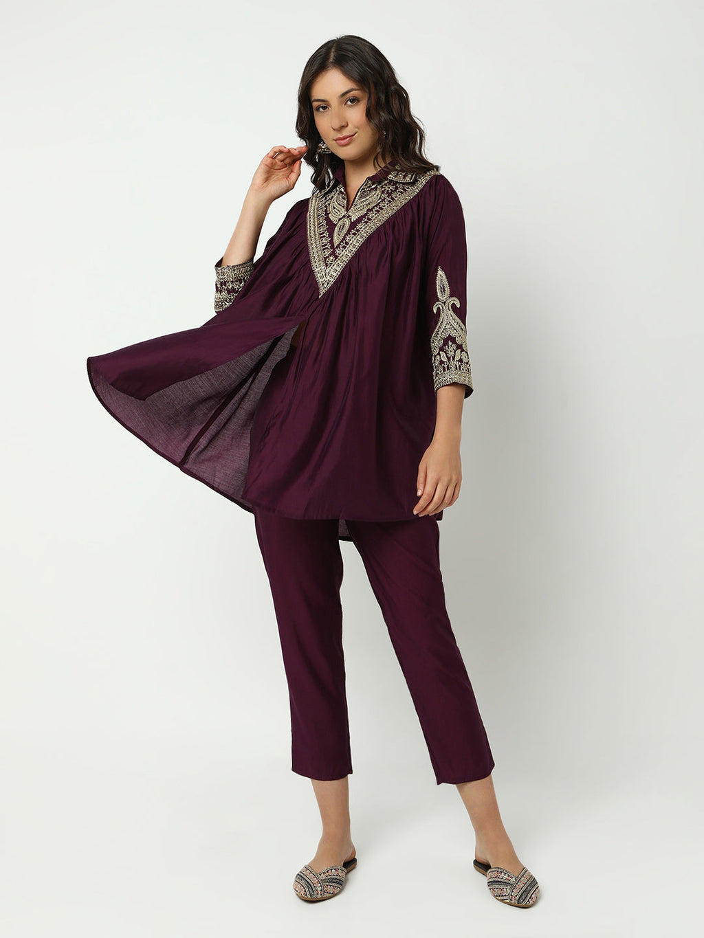 Women's Embroidered Purple Flared A-Line Kurta Set with Trouser