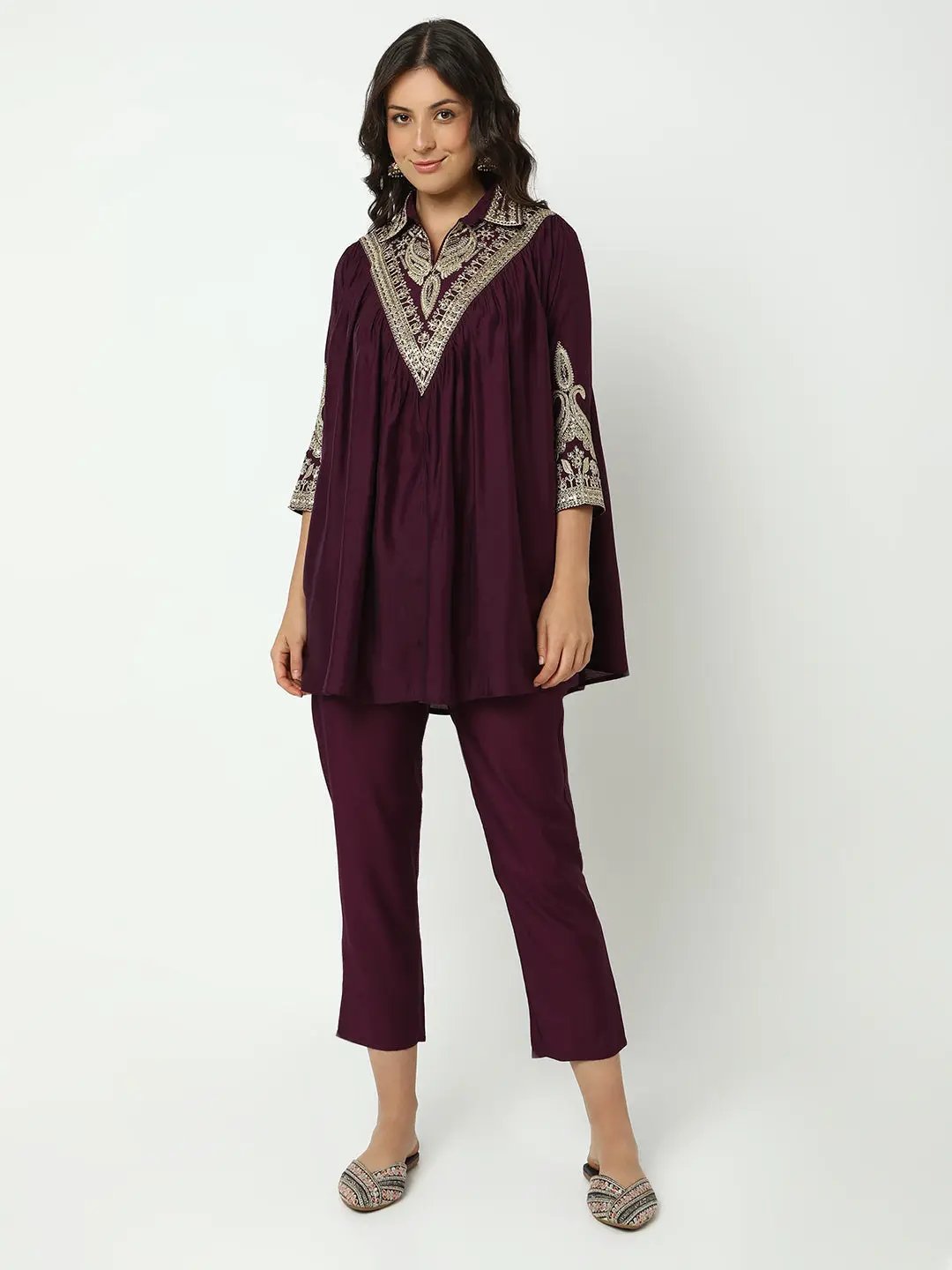 Women's Embroidered Purple Flared A-Line Kurta Set with Trouser