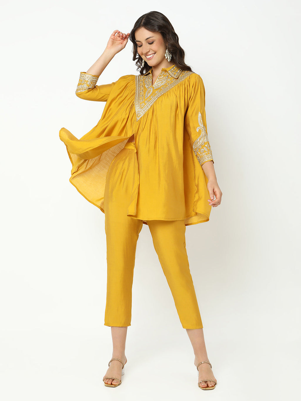 Women's Embroidered Yellow Flared A-Line Kurta Set with Trouser