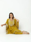 Women's Embroidered Mustard Kaftan Kurta Set with Tapered Trouser