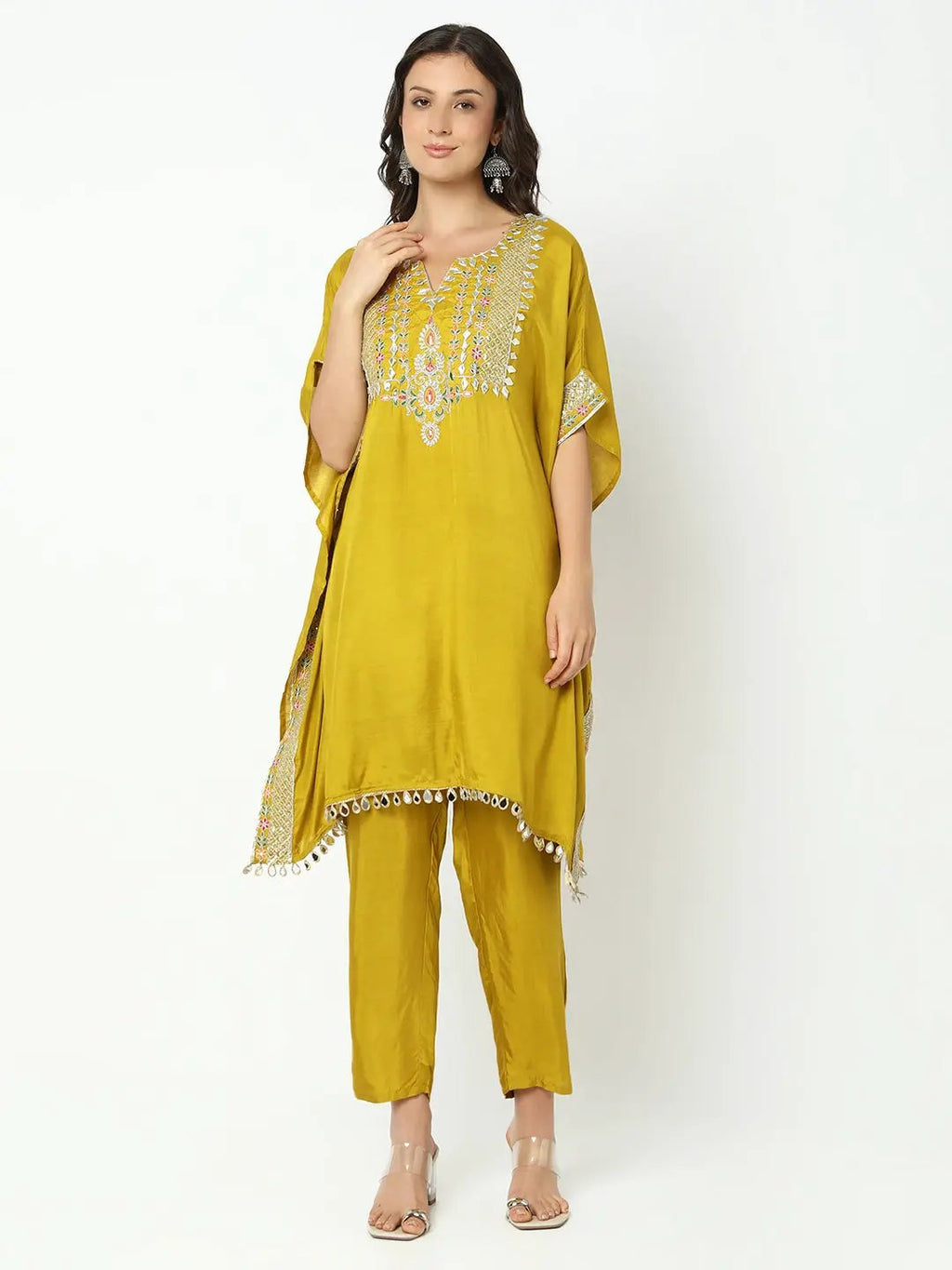 Women's Embroidered Mustard Kaftan Kurta Set with Tapered Trouser