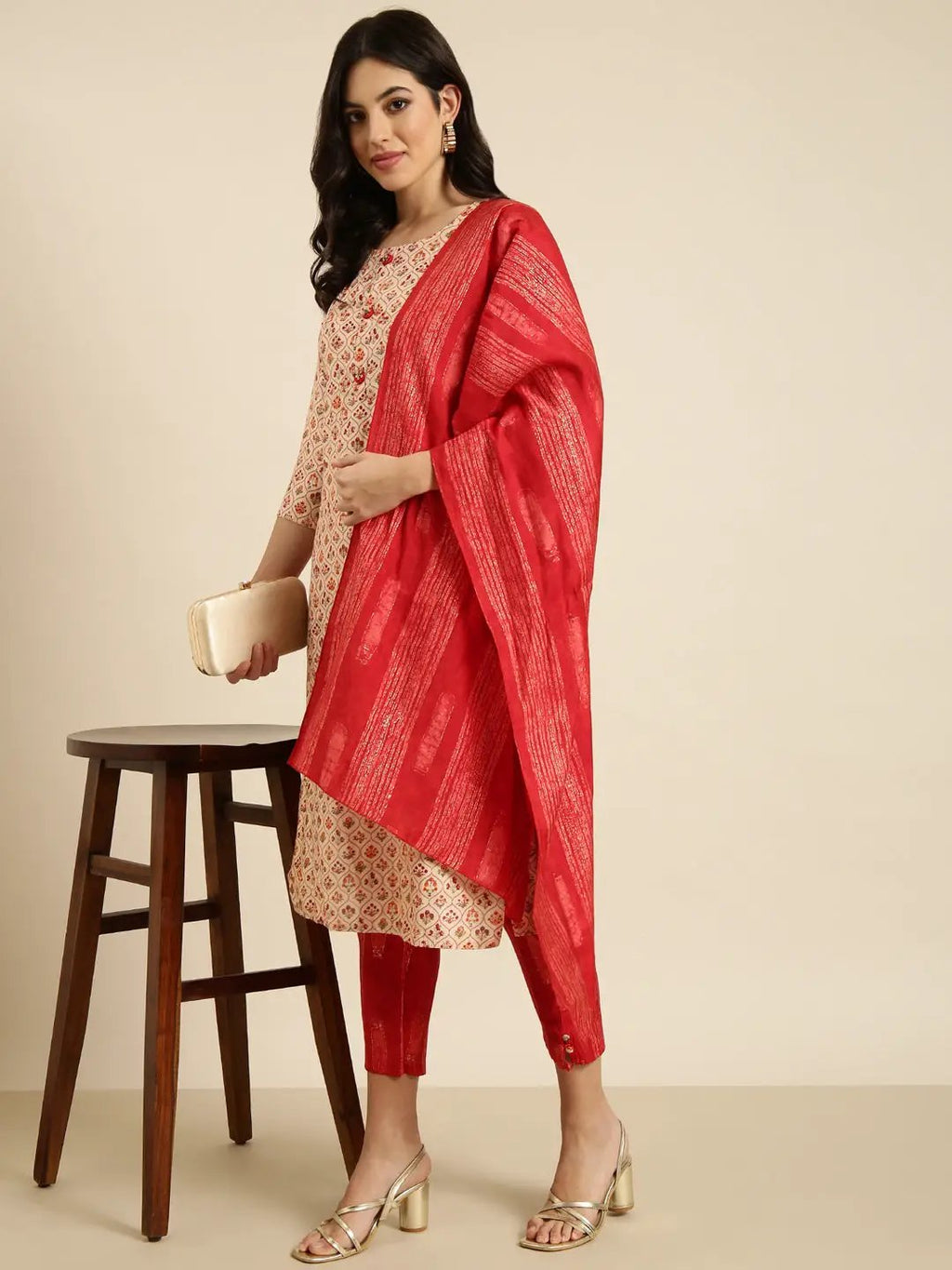 Women's Straight Ethnic Beige Floral Kurta Sets with Trousers & Dupatta