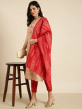 Women's Straight Ethnic Beige Floral Kurta Sets with Trousers & Dupatta