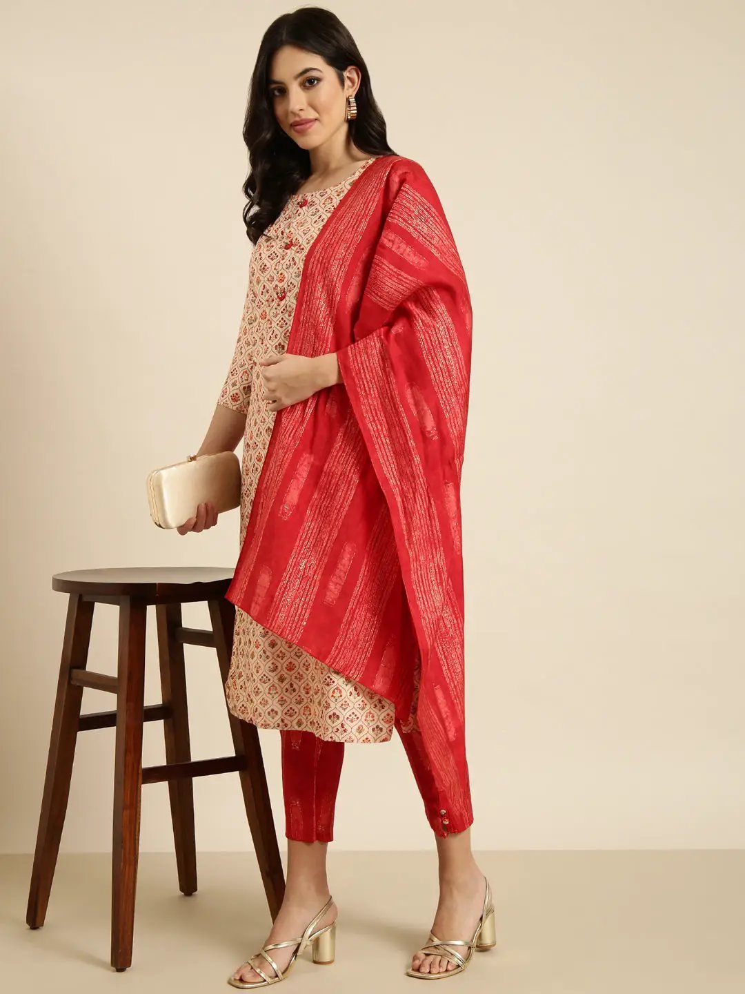 Women's Straight Ethnic Beige Floral Kurta Sets with Trousers & Dupatta