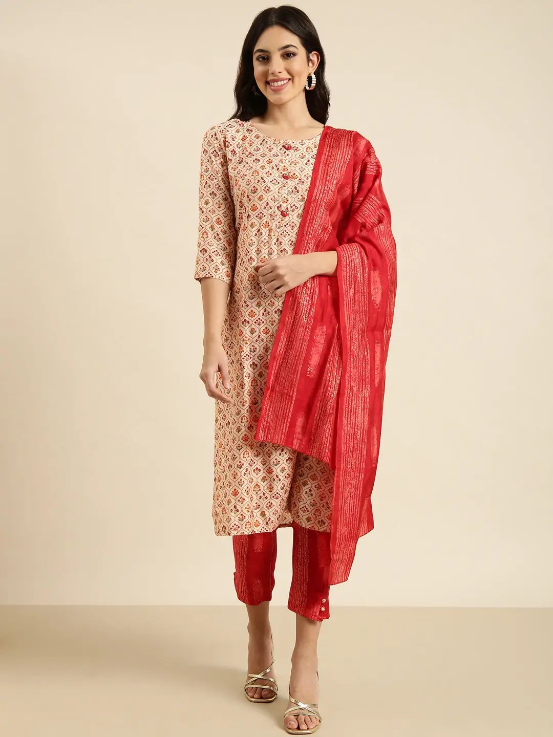 Women's Straight Ethnic Beige Floral Kurta Sets with Trousers & Dupatta
