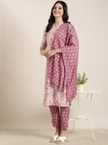 Women's Ethnic Straight Pink Floral Printed Kurta Sets with Trousers & Dupatta