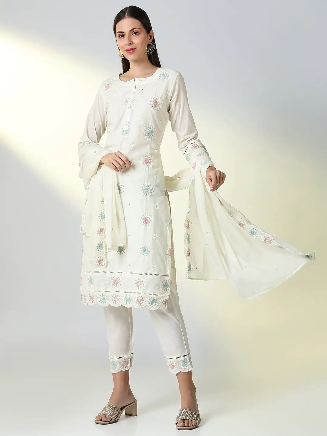 Women's Cream Floral Printed Straight Kurta Set with Dupatta