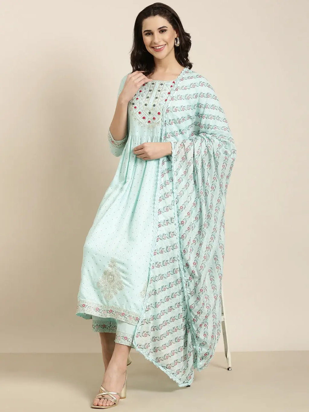 Women's Straight Blue Chevron Kurta Sets with Trousers & Dupatta