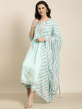 Women's Straight Blue Chevron Kurta Sets with Trousers & Dupatta