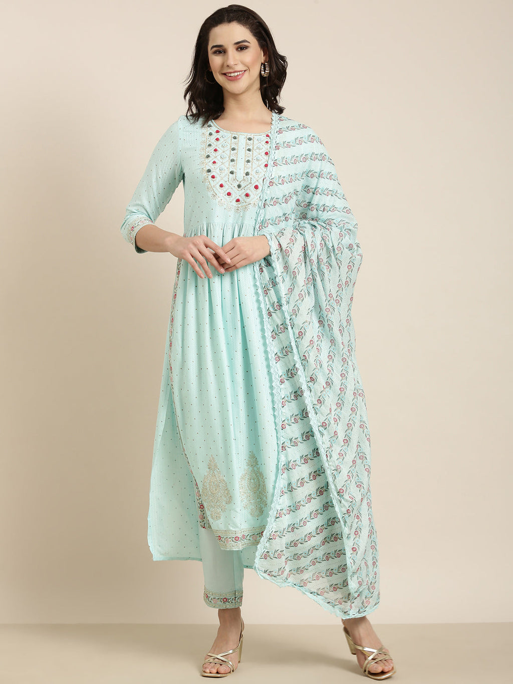 Women's Straight Blue Chevron Kurta Sets with Trousers & Dupatta