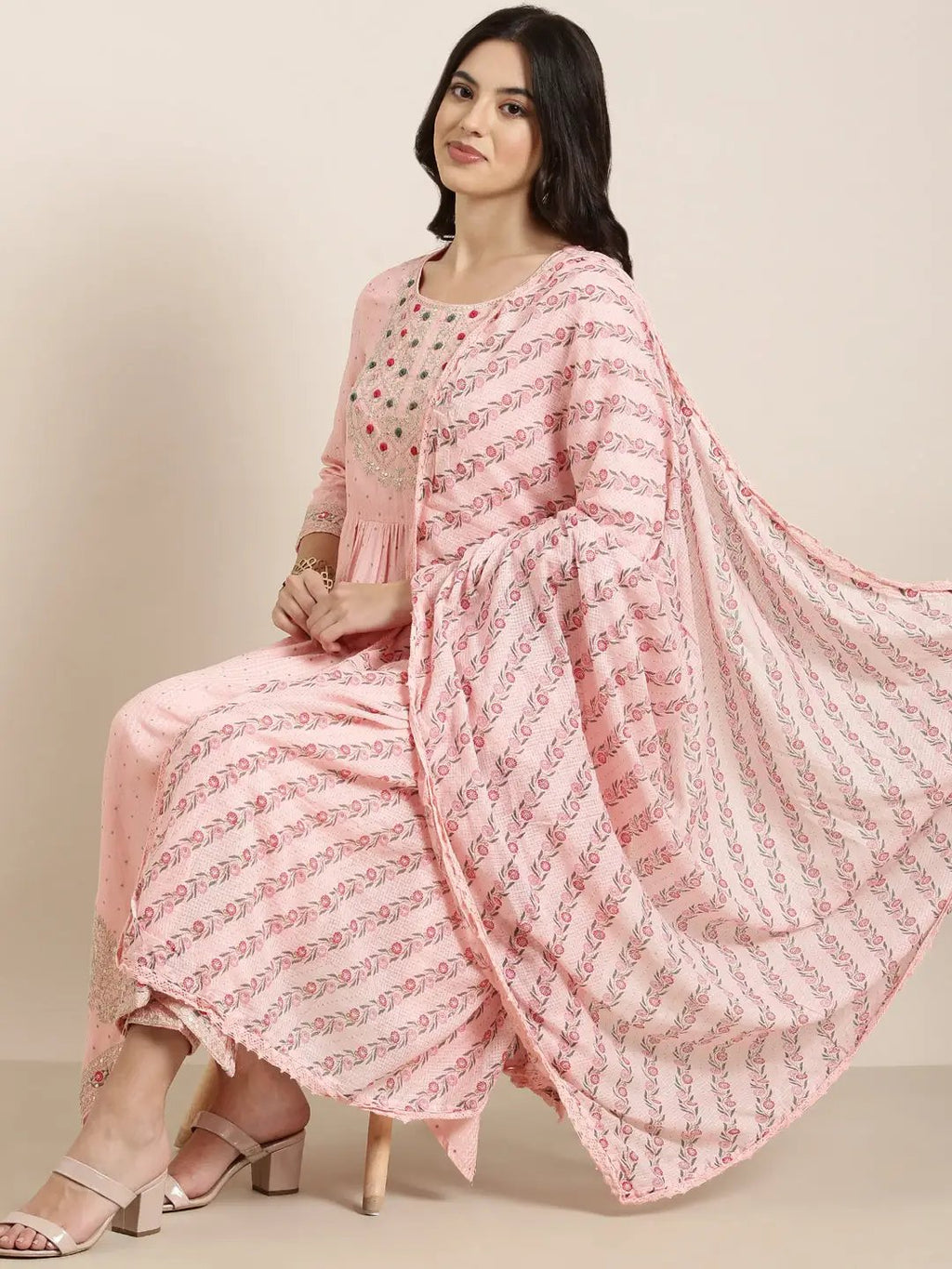 Women's Straight Pink Chevron Kurta Sets with Trousers & Dupatta