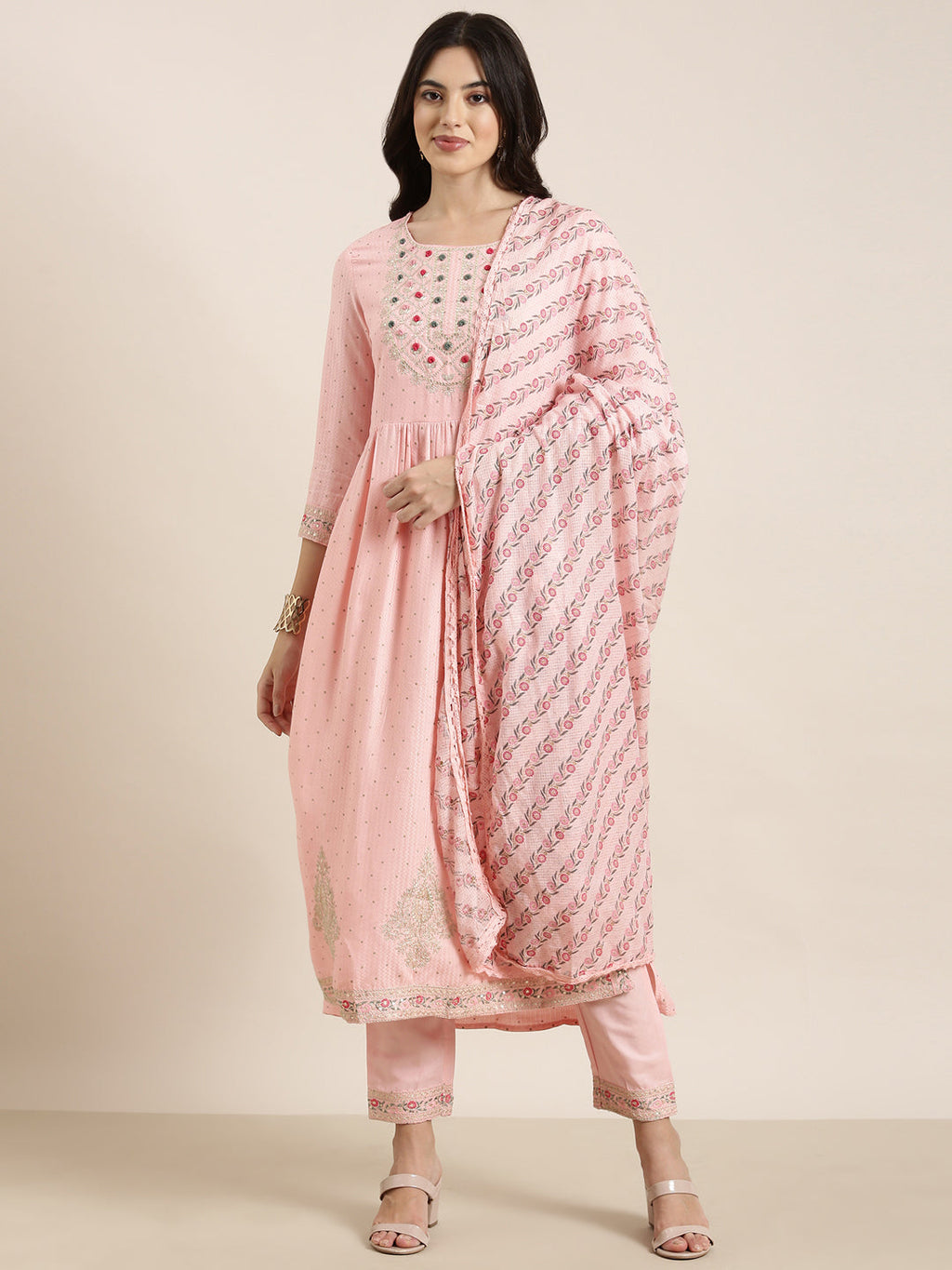 Women's Straight Pink Chevron Kurta Sets with Trousers & Dupatta