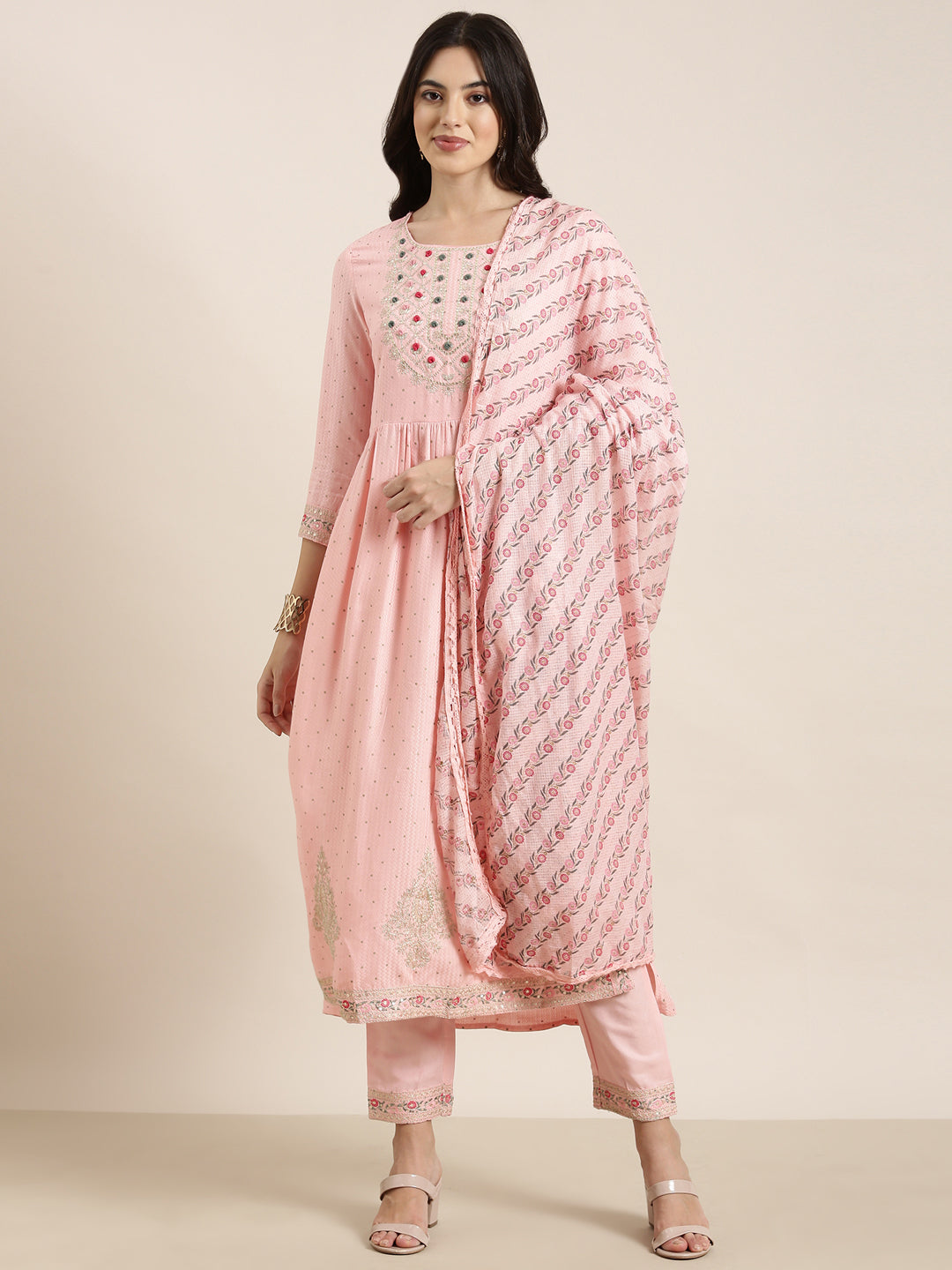 Women's Straight Pink Chevron Kurta Sets with Trousers & Dupatta