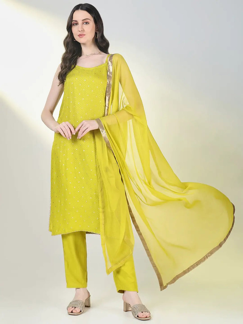 Women's Green Solid Straight Kurta Set with Dupatta