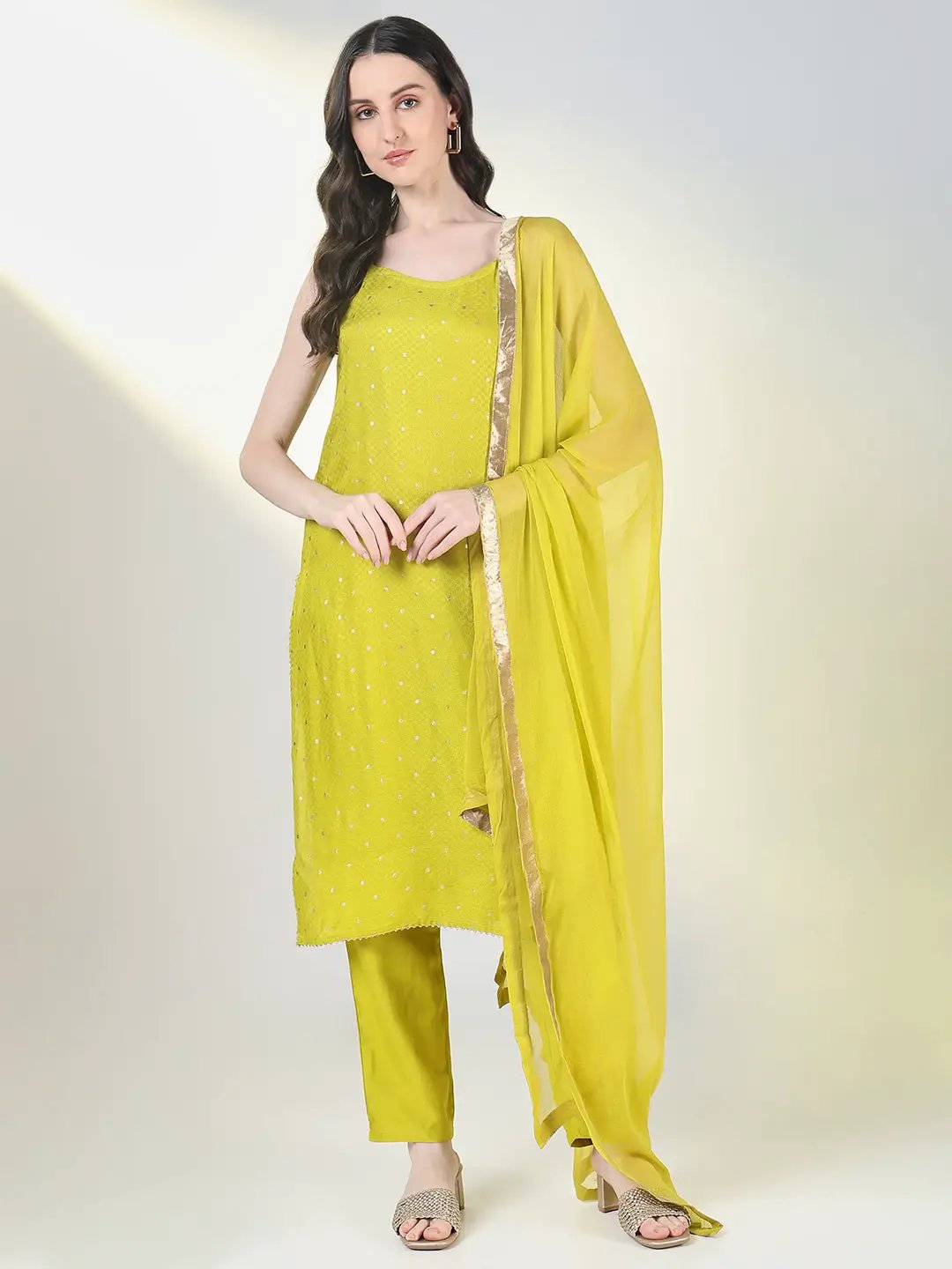Women's Green Solid Straight Kurta Set with Dupatta