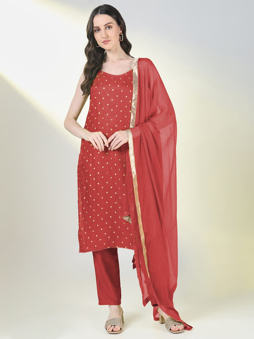Women's Self Design Red Straight Kurta Set with Dupatta