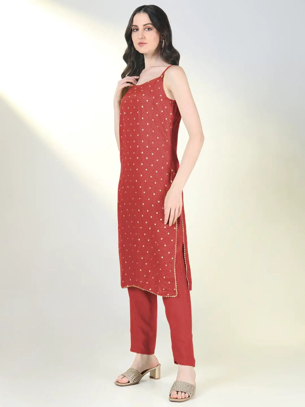 Women's Self Design Red Straight Kurta Set with Dupatta