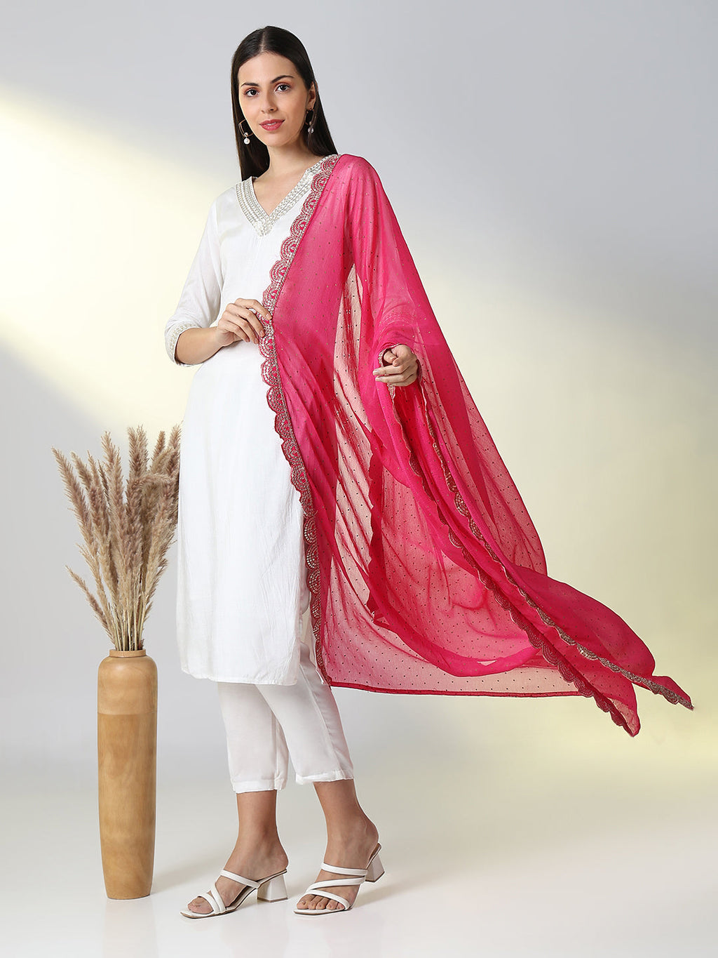 Women's White Solid Straight Kurta Set with Dupatta