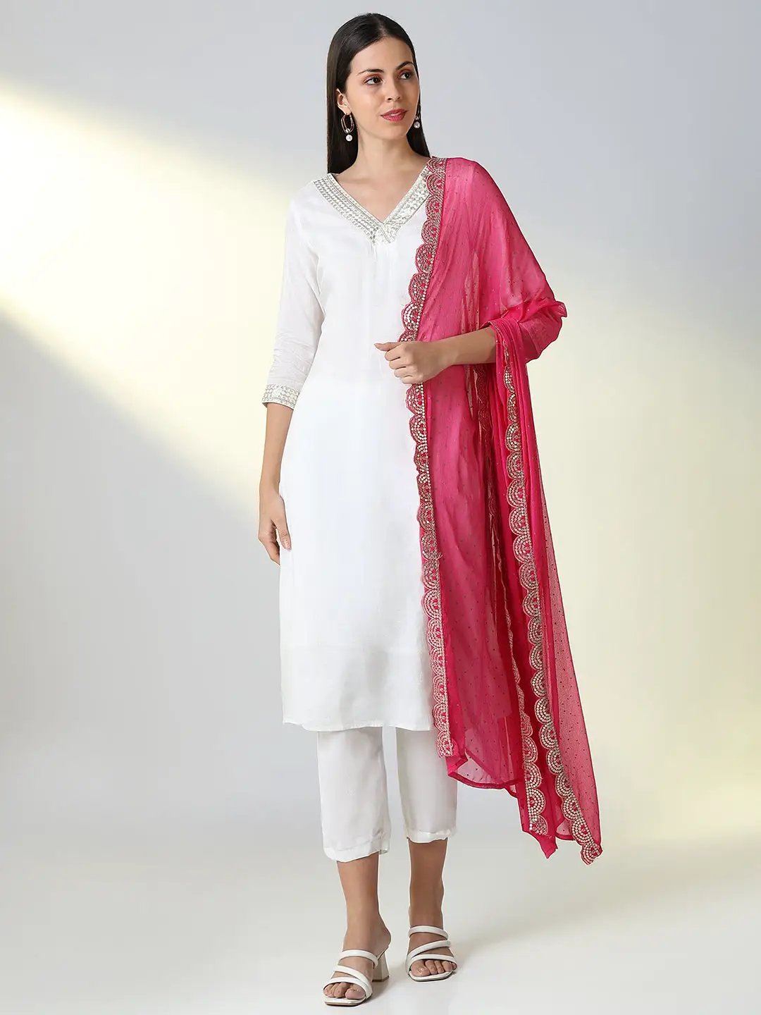 Women's White Solid Straight Kurta Set with Dupatta