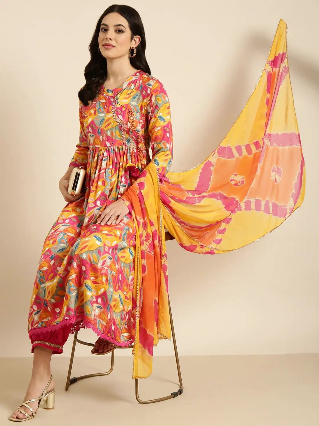 Women's Anarkali Pink Ethnic Floral Kurta Sets with Trousers & Dupatta
