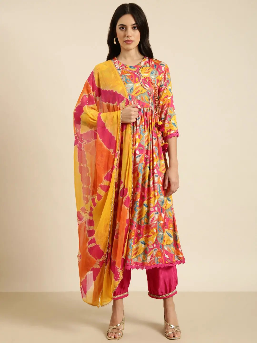 Women's Anarkali Pink Ethnic Floral Kurta Sets with Trousers & Dupatta