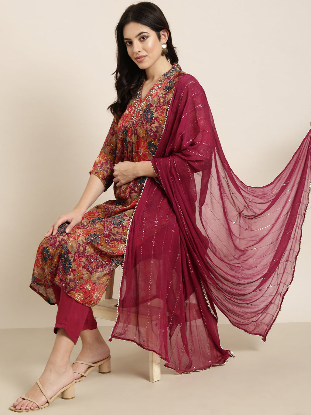 Women's Straight Maroon Floral Kurta Sets with Trousers & Dupatta