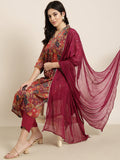 Women's Straight Maroon Floral Kurta Sets with Trousers & Dupatta