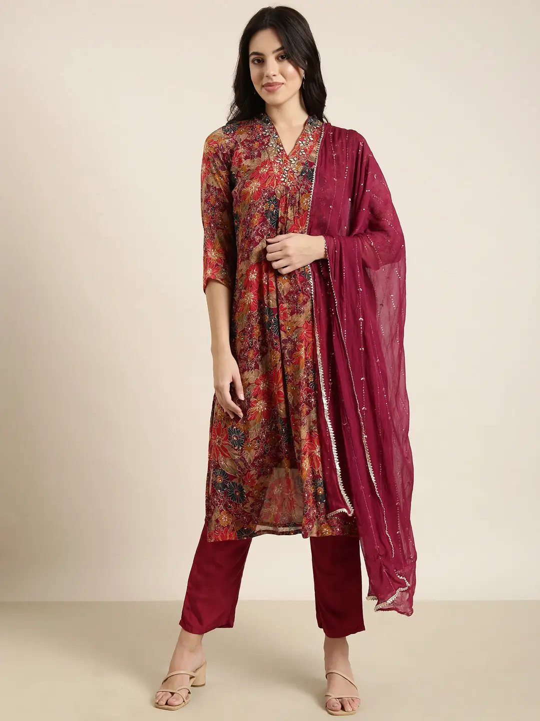 Women's Straight Maroon Floral Kurta Sets with Trousers & Dupatta