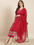 Women's A-Line Pink Floral Kurta Sets with Trousers & Dupatta