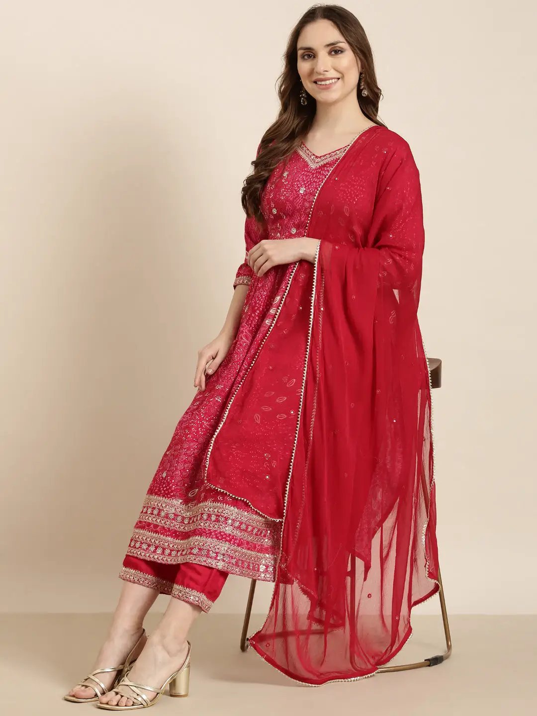 Women's A-Line Pink Floral Kurta Sets with Trousers & Dupatta