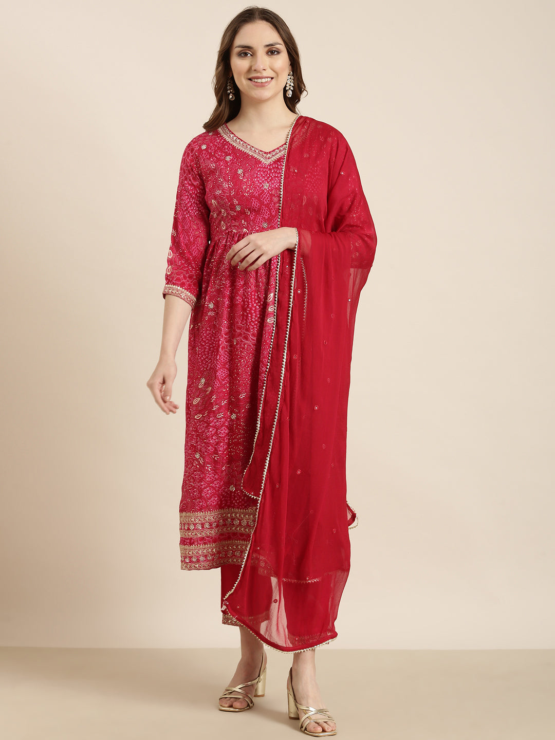 Women's A-Line Pink Floral Kurta Sets with Trousers & Dupatta